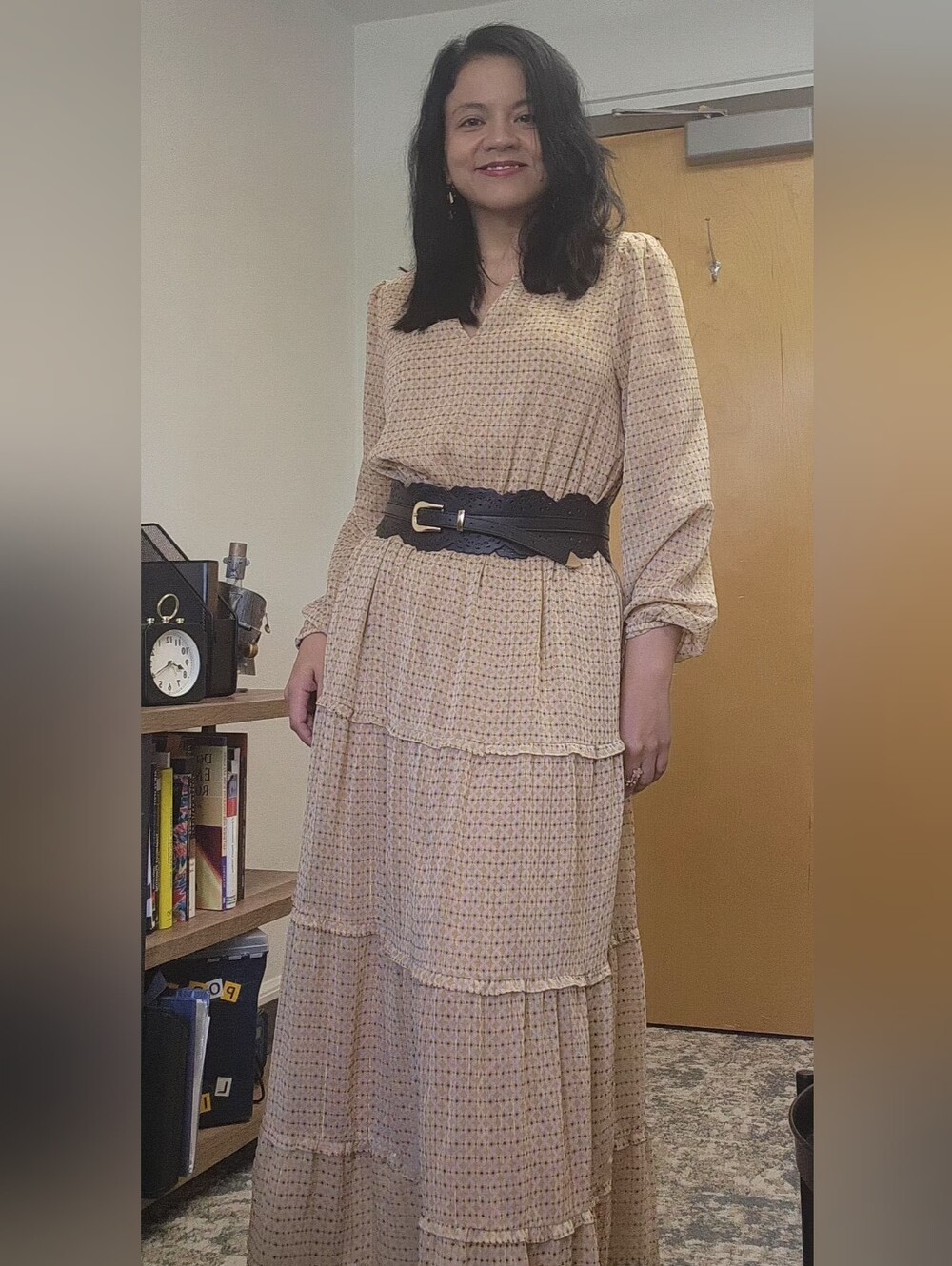 Daniel Rainn Beige Printed Tiered Maxi Dress